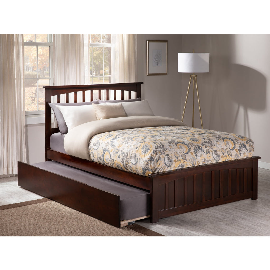 AFI Mission Full Platform Bed with Footboard and Twin Trundle in Walnut