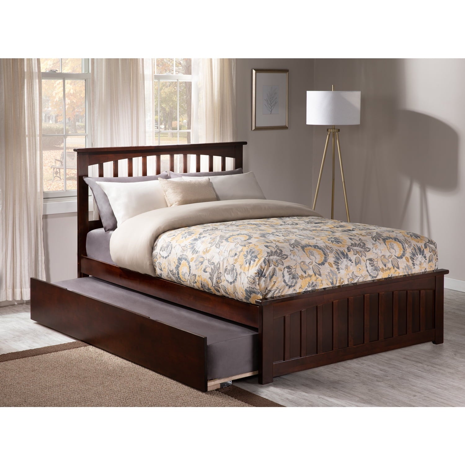 AFI Mission Full Platform Bed with Footboard and Twin Trundle in Walnut