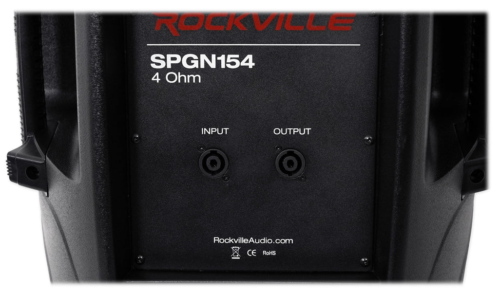 (2) Rockville SPGN154 15" 1600W DJ PA Speakers+Powered 4-Ch. Mixer+Stands+Cables