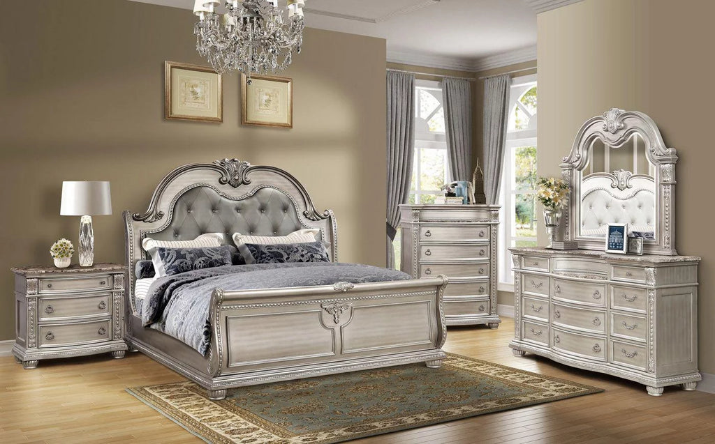 Antique Platinum Sleigh Cal King Bedroom Set 4Pcs B9506 Mcferran Traditional