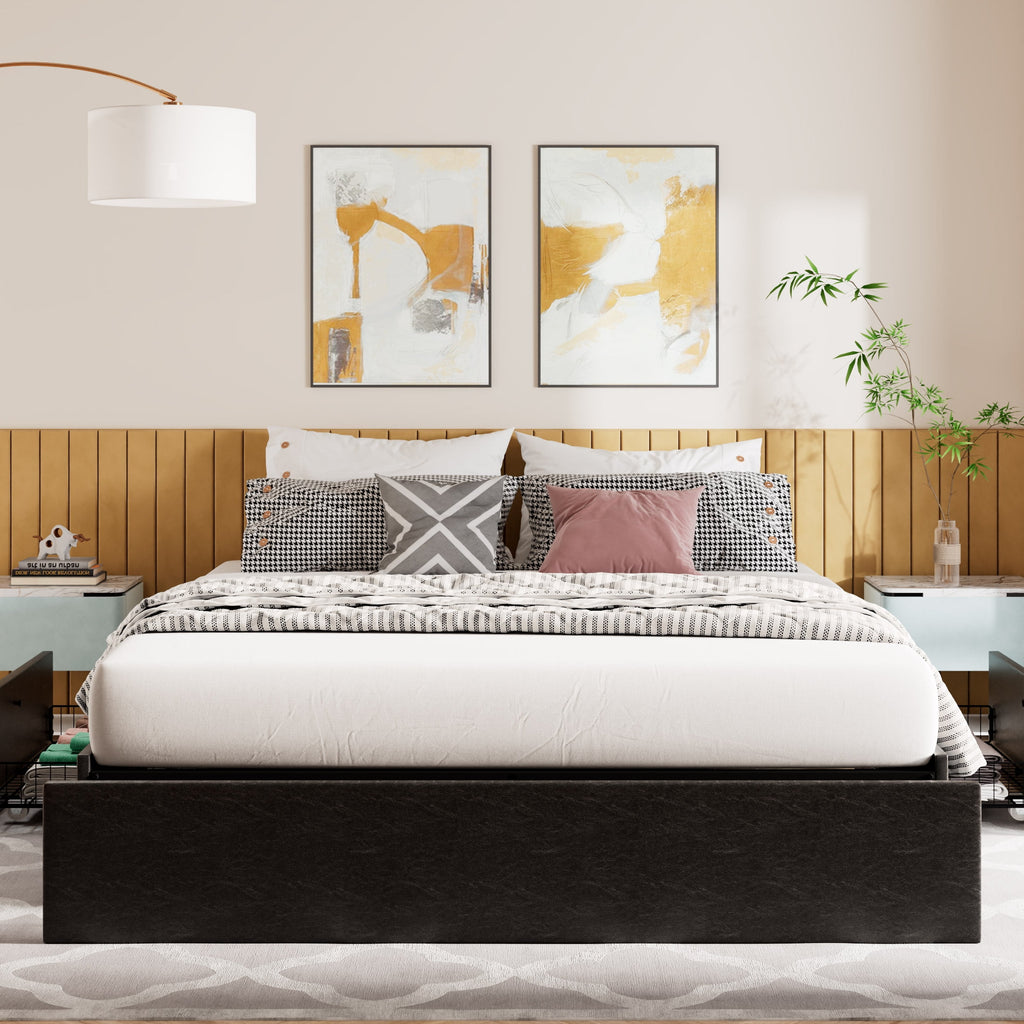 Amolife Queen Size Upholstered Platform Bed Frame with 3 Storage Drawers and Wooden Slats, Dark Gray