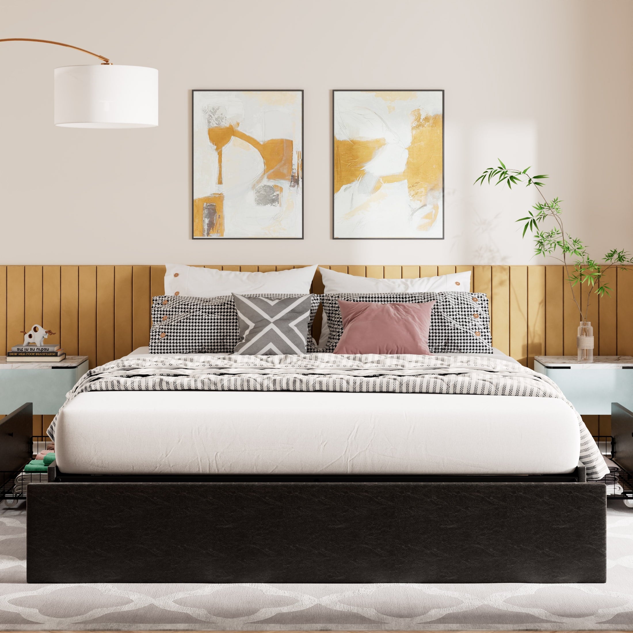 Amolife Queen Size Upholstered Platform Bed Frame with 3 Storage Drawers and Wooden Slats, Dark Gray