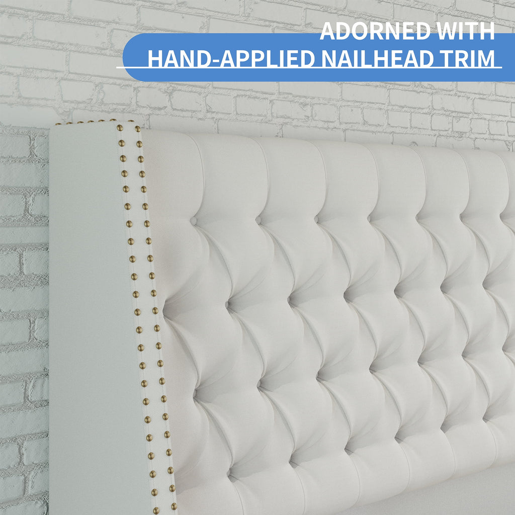 Amerlife Queen Size Nail Button Tufted Wingback Bed Frame, Linen Upholstered Platform Bed with 56" High Wingback Headboard, No Box Spring Needed, White