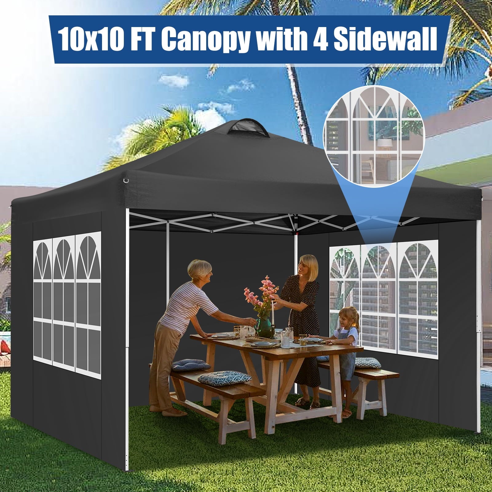10'x10' EZ Pop Up Canopy with Top Vent, Large Commercial Tent, Waterproof and Sunproof with 4 Removable Sidewalls, Suitable for Weddings come with 4 Sandbags (Black)