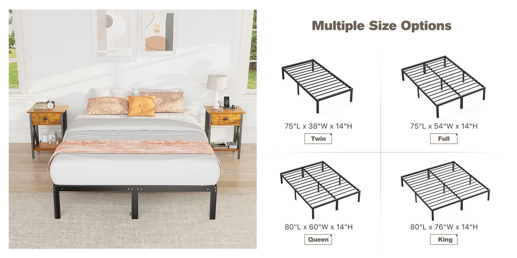 Bed Frame - Full Size Heavy Duty Platform Bed with Underbed Storage, 14-Inch High Steel Slat Support, Non-Slip Design, No Box Spring Required