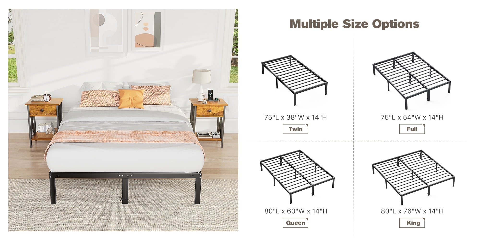 Bed Frame - Full Size Heavy Duty Platform Bed with Underbed Storage, 14-Inch High Steel Slat Support, Non-Slip Design, No Box Spring Required