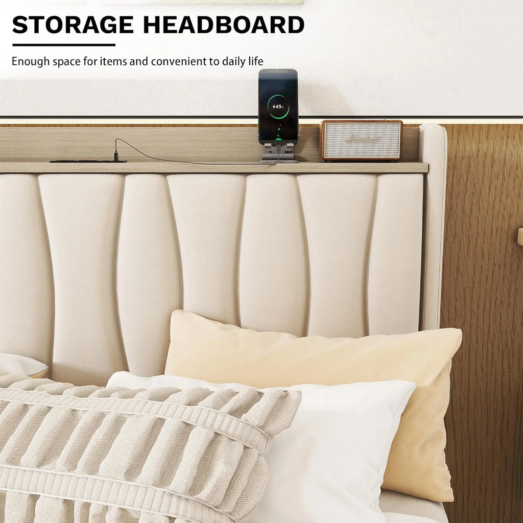 Bed With Storage, Wood Platform Bed Frame With 3 Drawers, Kids Bed With Wood Slat Support, o Box Sprig eeded,Cherry