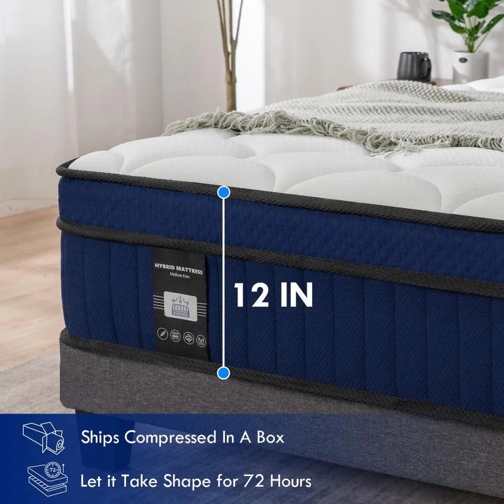 12'' Queen Hybrid Mattress, QUEEN ROSE Hybrid Firm Mattress in a Box with Gel Memory Foam, Individually Wrapped Pocket Coils Innerspring, Pressure-Relieving and Supportive, Mattress Queen Size