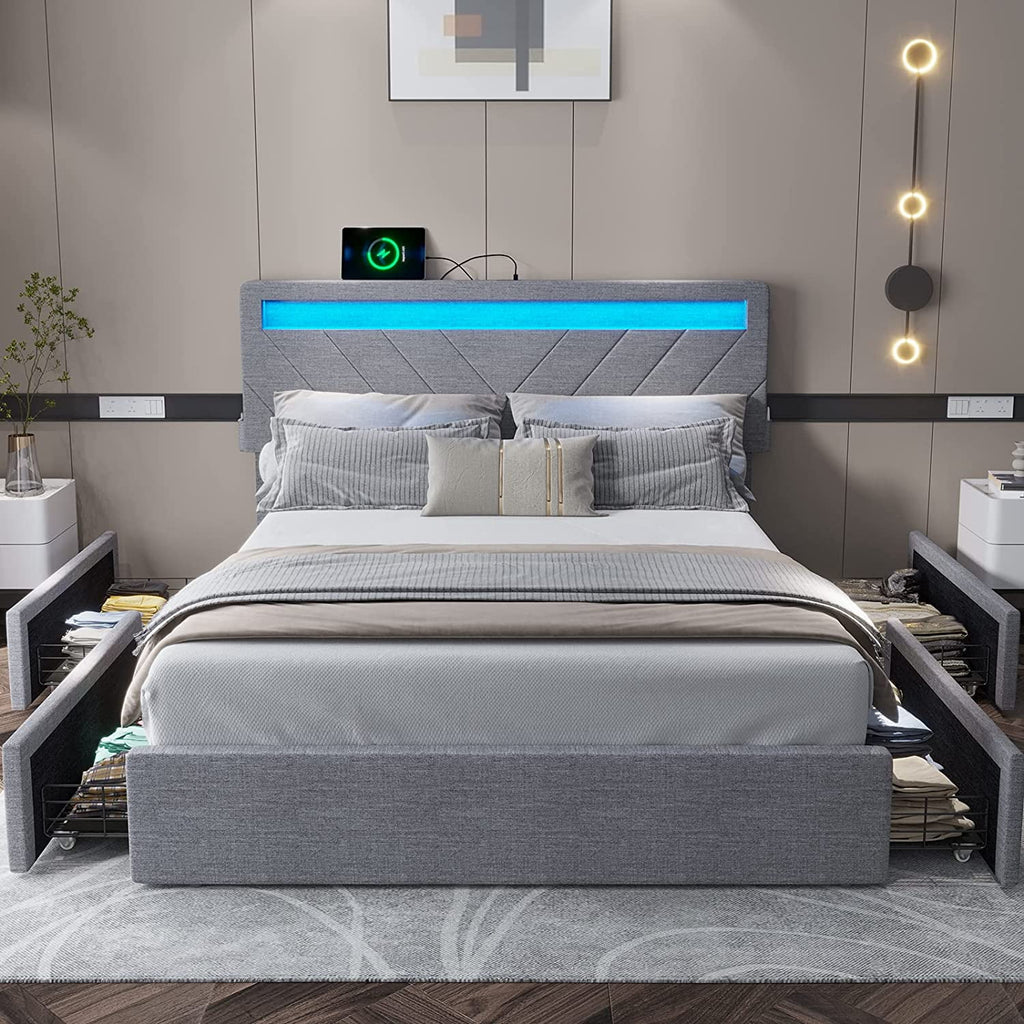 Afuhokles Queen Bed Frame with LED Lights Headboard, 4 Drawers,2 USB Charging Station, Upholstered Platform Bed, Dark Gray