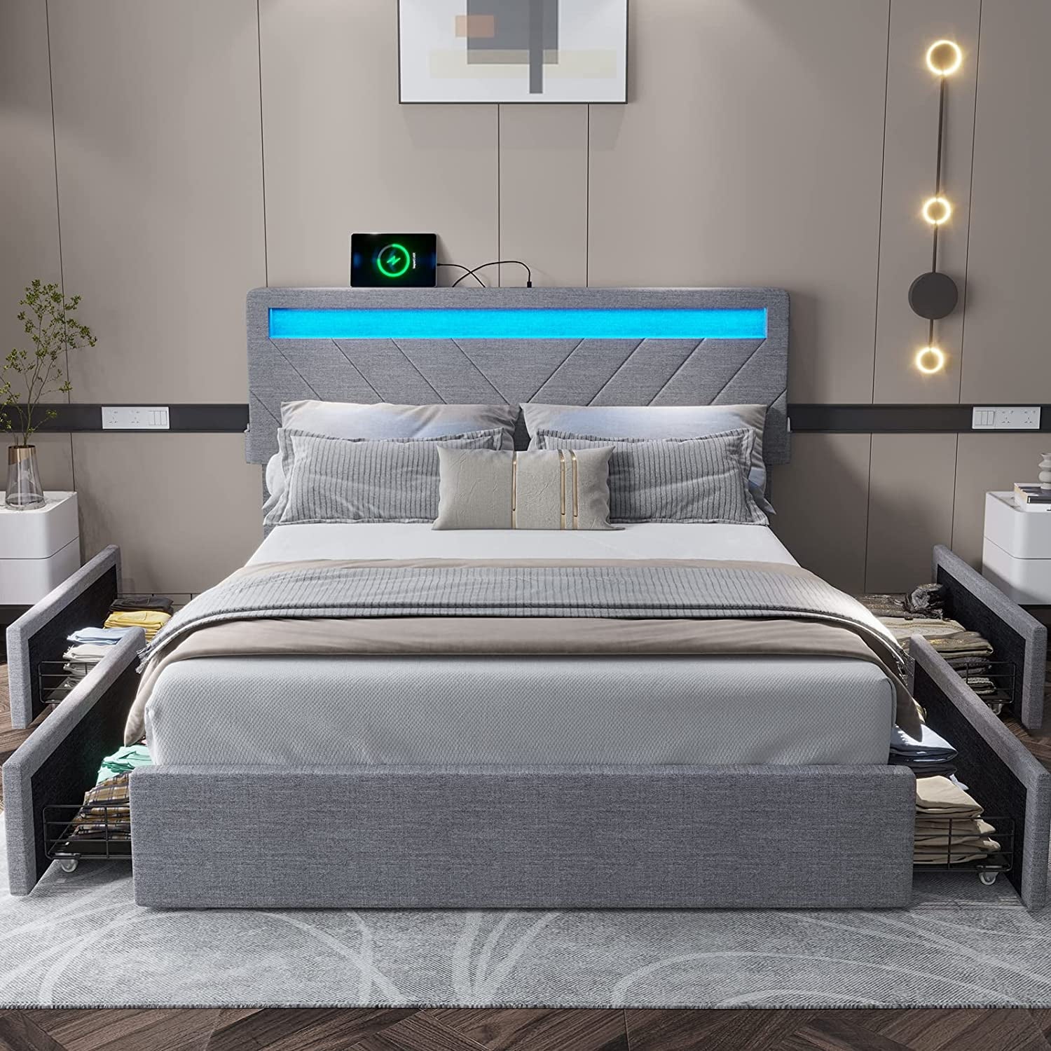 Afuhokles Queen Bed Frame with LED Lights Headboard, 4 Drawers,2 USB Charging Station, Upholstered Platform Bed, Dark Gray