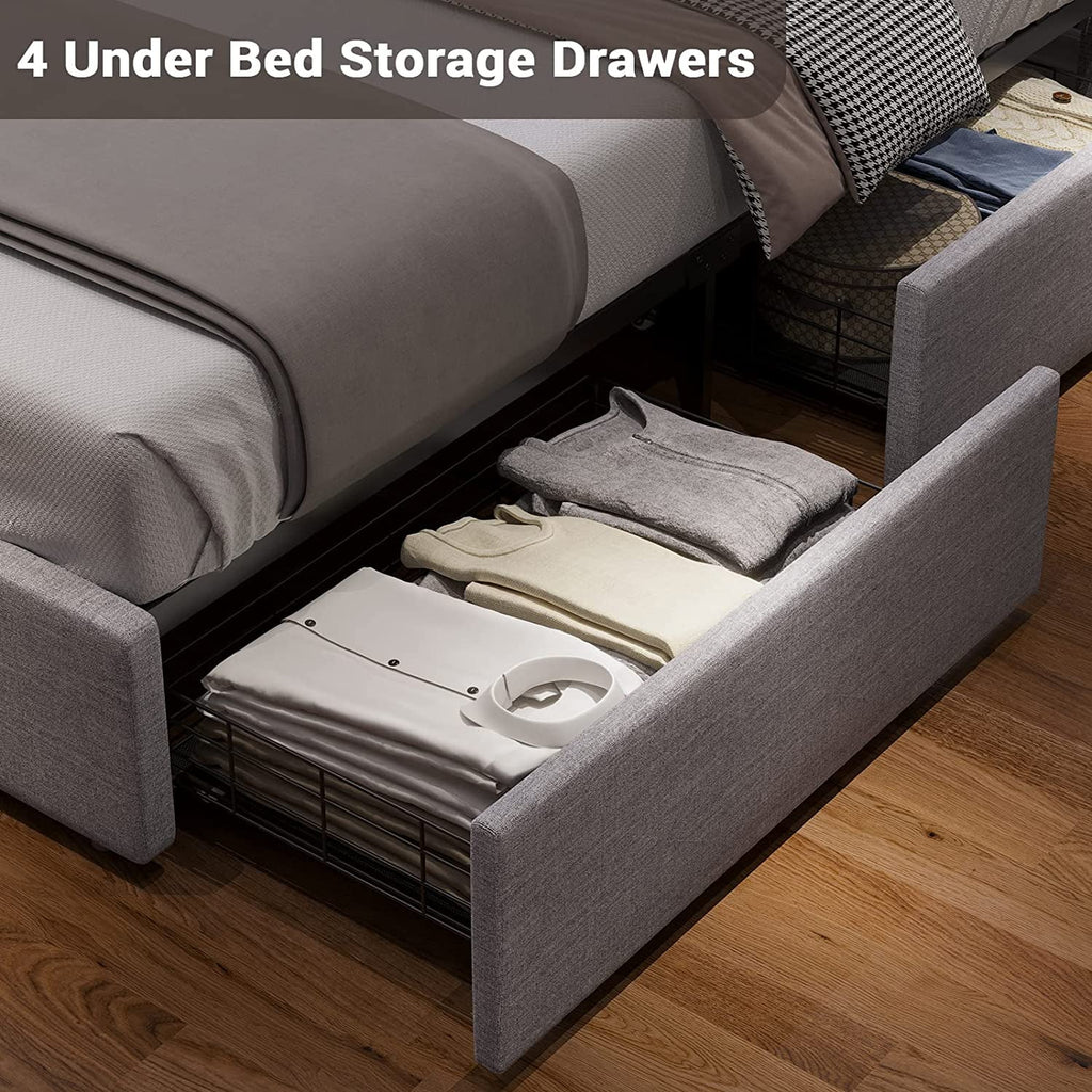 Afuhokles Queen Bed Frame with LED Lights Headboard, 4 Drawers,2 USB Charging Station, Upholstered Platform Bed, Dark Gray