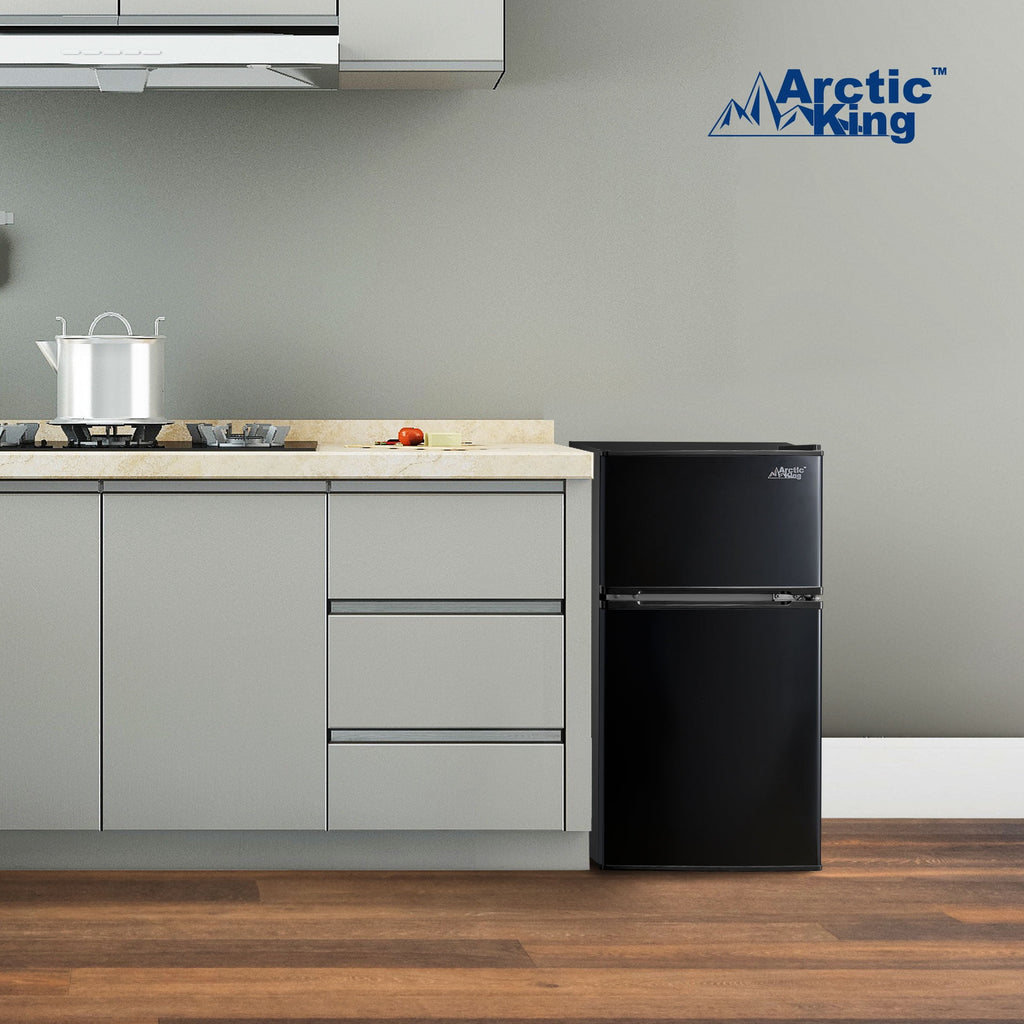 Arctic King 3.2 Cu ft Two Door Mini Fridge with Freezer, Stainless Steel, E-Star, ARM32D5ASL