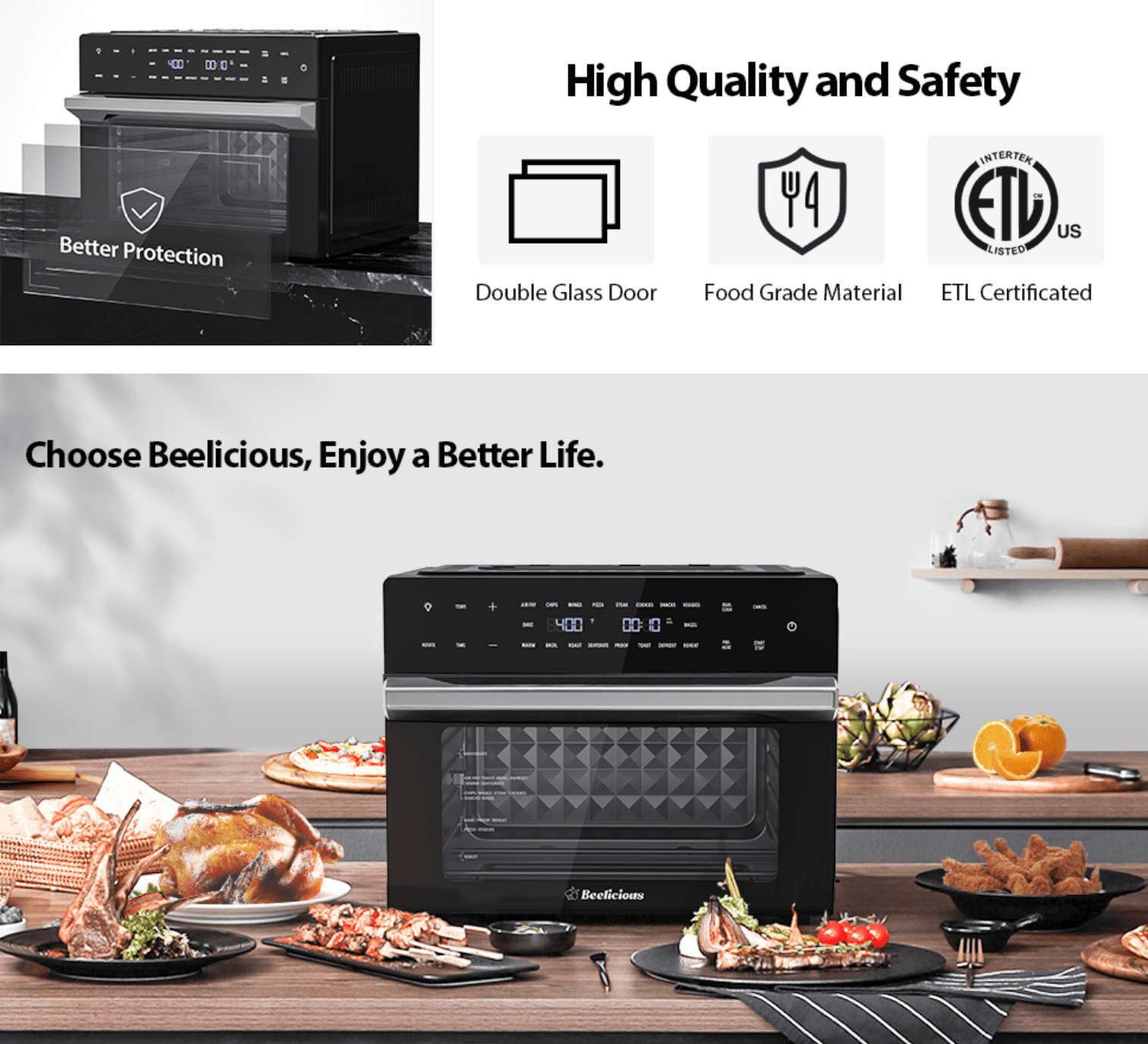 Beelicious Coutertops Oven, 32QT Extra Large Air Fryer Oven with Rotisserie & Dehydrator, Smart Air fryer Toast Oven, 6 Accessories, 1800w, Black