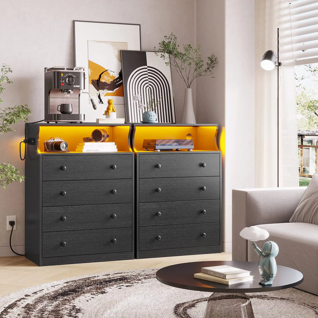 4 Drawer Dresser with LED Lights and Charging Station, Wide Chest of Drawers for Bedroom, Black