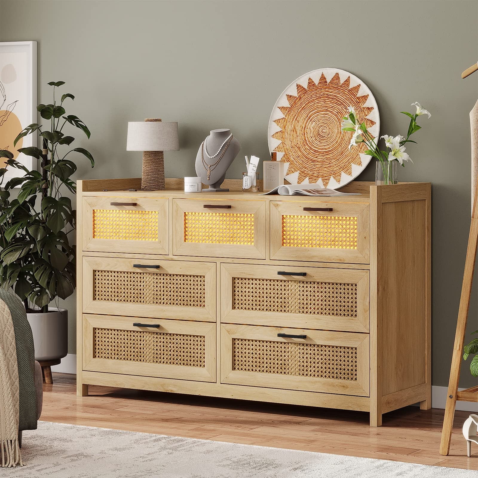 7 Drawer Dressers for Bedroom with Led Lights,Natural Rattan Chests of Drawers for Living Room Hallway Entryway