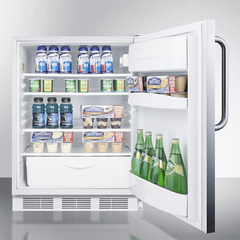 ADA compliant all-refrigerator for built-in general purpose use, auto defrost w/stainless steel wrapped door, towel bar handle, and white cabinet