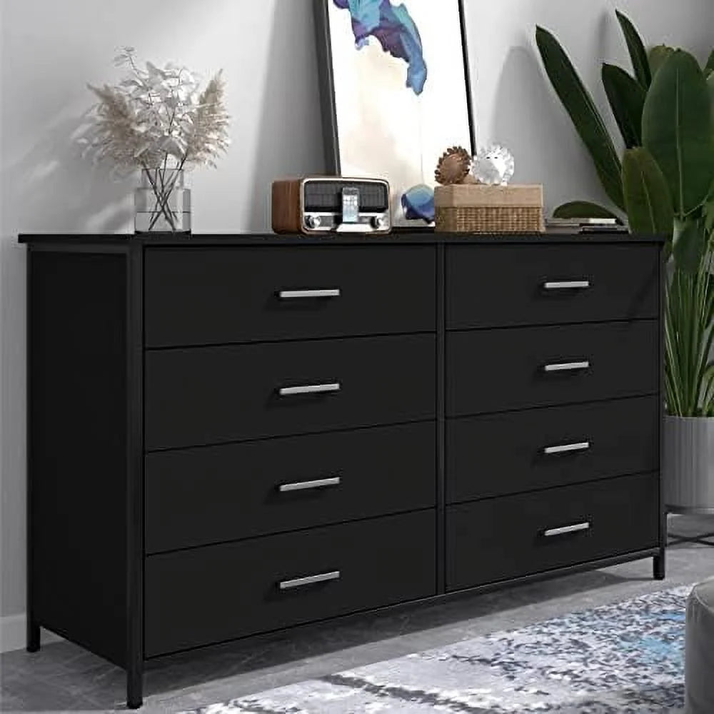 8 Drawer Dresser for Bedroom  Industrial Wood Dresser Wide 8 Chest of Drawers  Wooden  Organizer Dresser with Sturdy Steel Frame (Black)