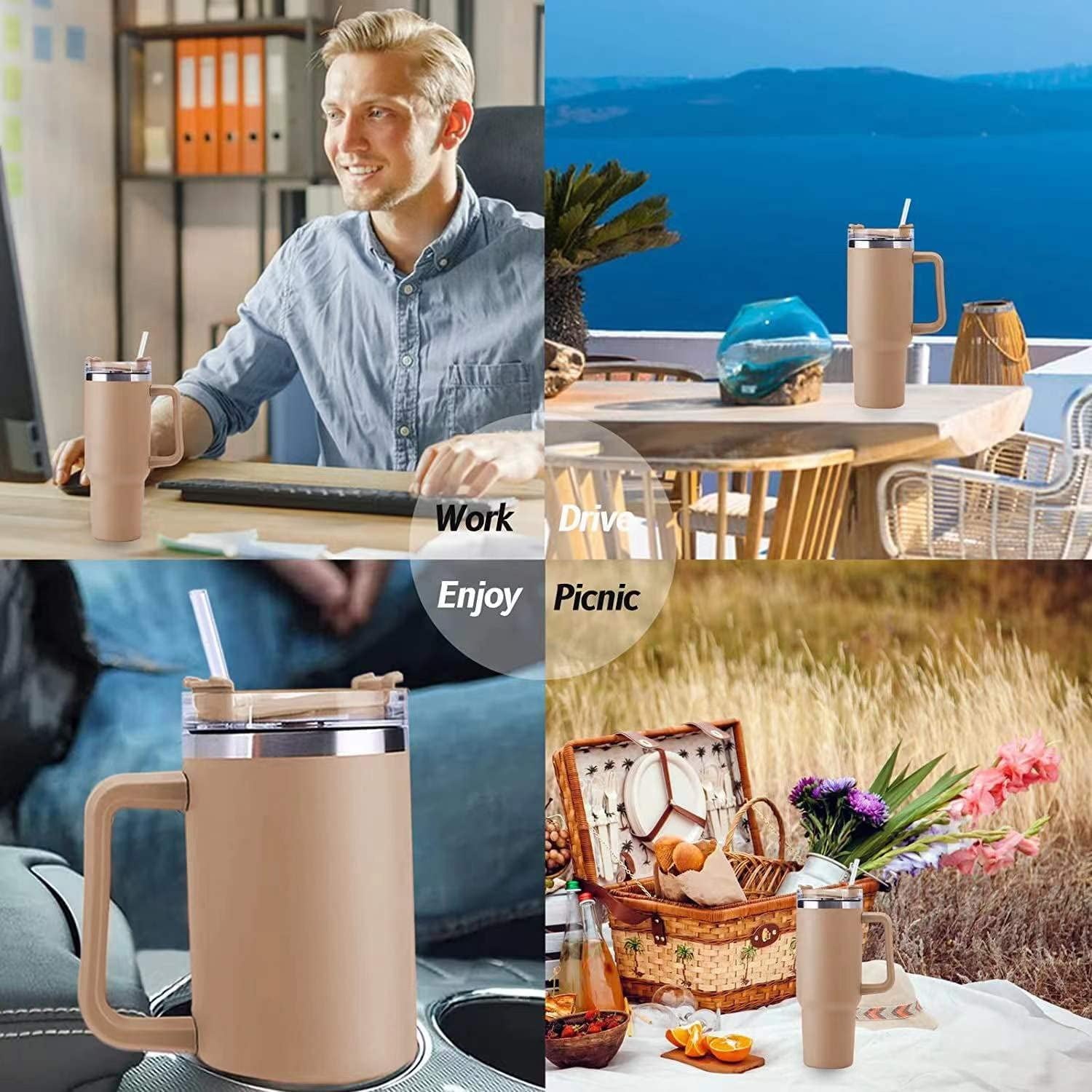 40 oz Tumbler with Handle Stainless Steel Insulated Travel Coffee Mug Double Wall Vacuum Straw for Ice Drinks & Hot