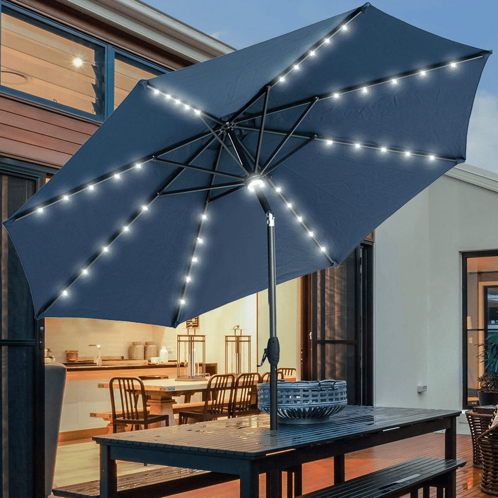 Autlaycil 10 ft Solar Patio Umbrellas with 40 LED lights for Market Outdoor Pool, Steel Tilt Crank, Navy Blue