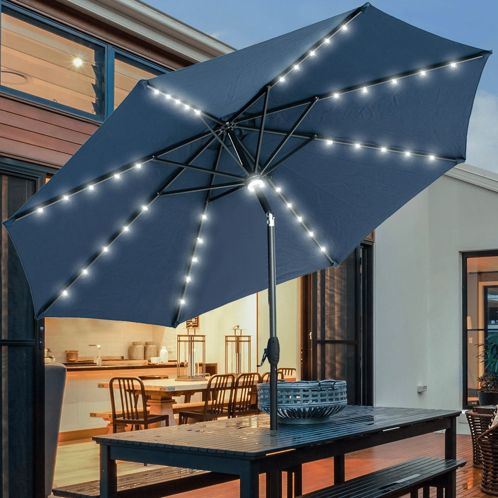 Autlaycil 10 ft Solar Patio Umbrellas with 40 LED lights for Market Outdoor Pool, Steel Tilt Crank, Navy Blue