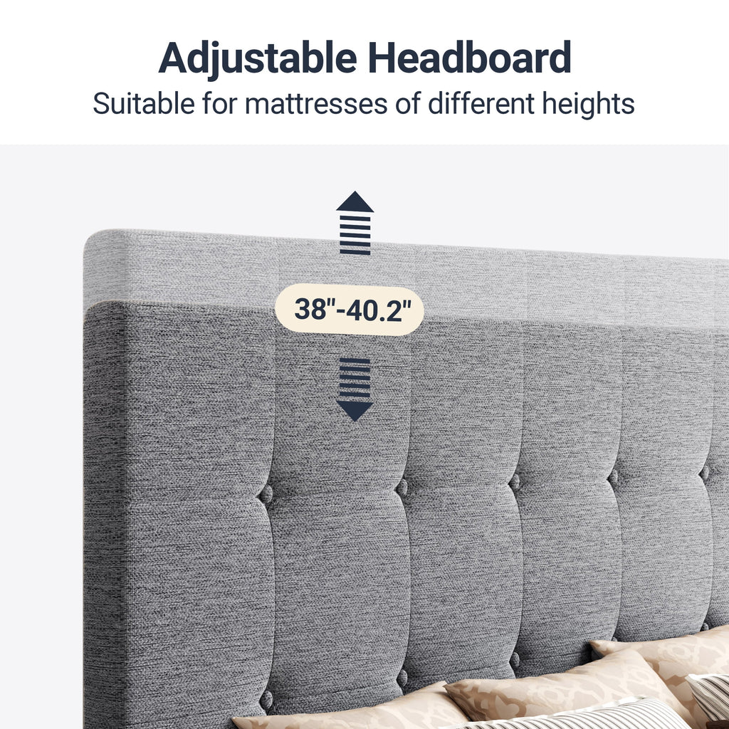 Allewie Upholstered King Platform Bed Frame with 4 Drawers Storage and Headboard, Square Stitched Button Tufted, Light Grey