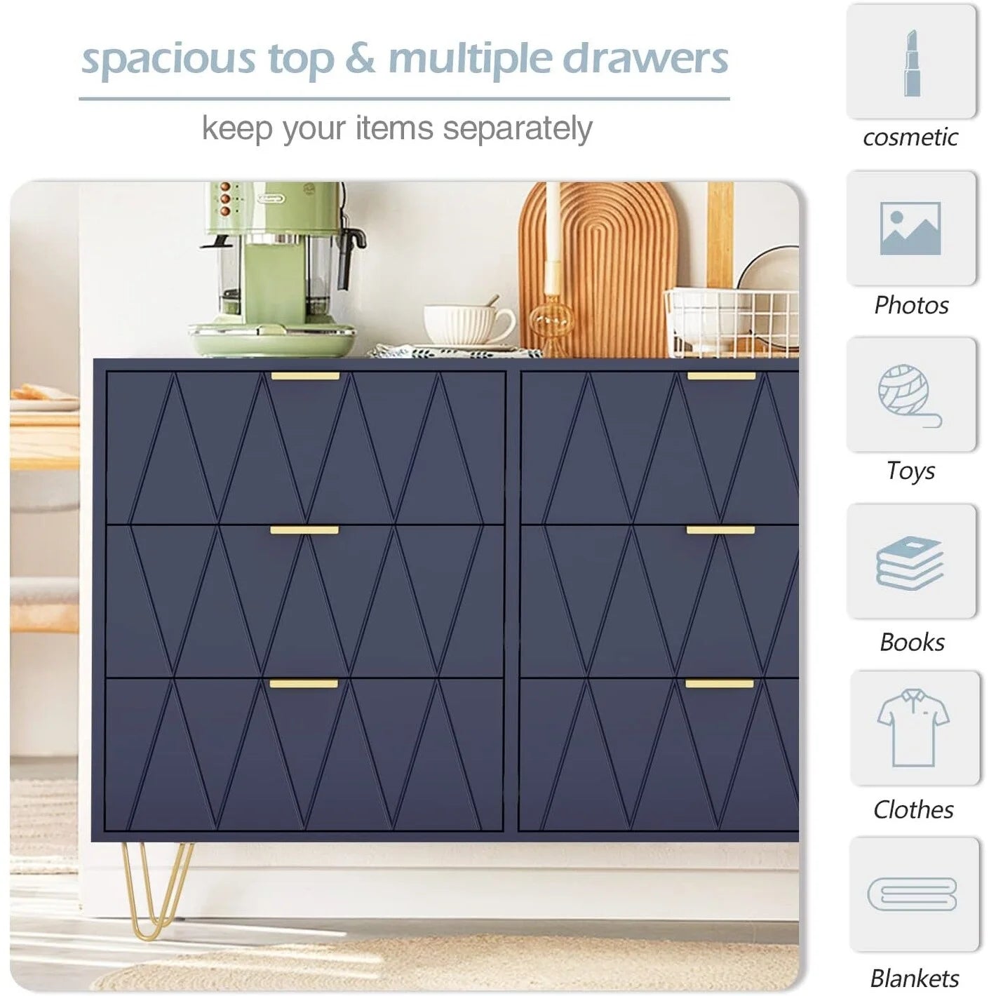 6 Drawer Dresser Drawer Chest Tall Storage Cabinet Organizer Unit Bedroom Living Room Medium-Navy Blue
