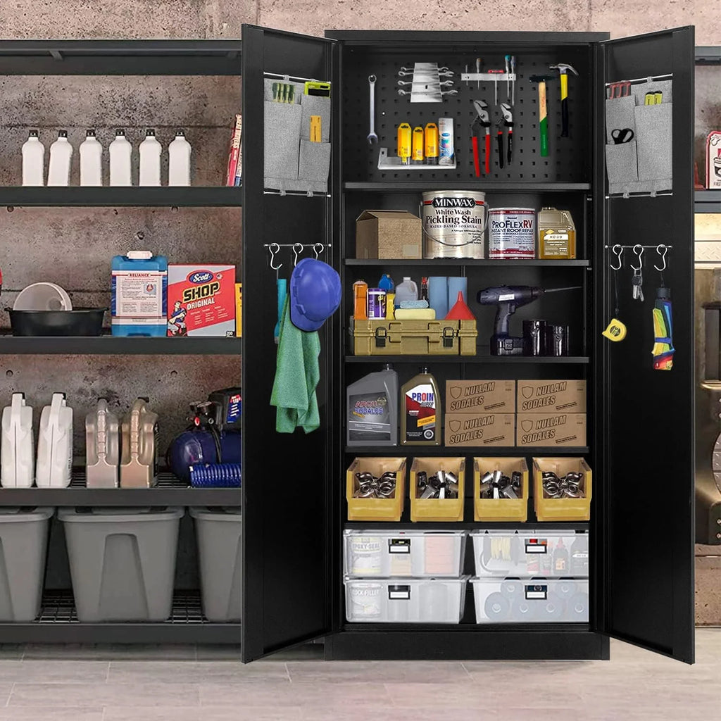 72" Metal Garage Storage Cabinet with Pegboard and Adjustable Shelves Black Multifunctional Locking Cabinet for Home, Office, Warehouse,Basement
