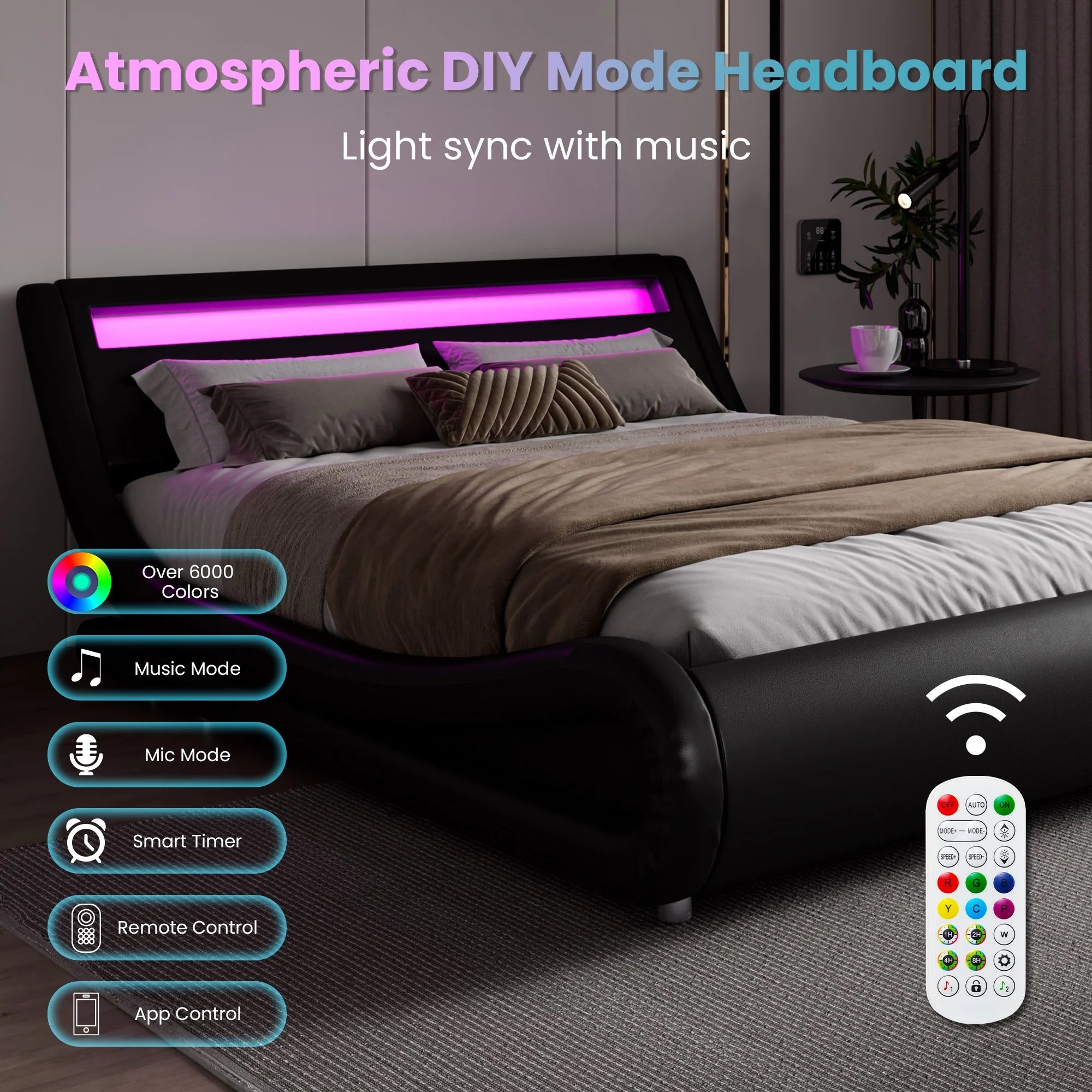 Amolife Queen Size Wave-Like Curve Deluxe Upholstered Modern Bed Frame with LED Headboard, Black