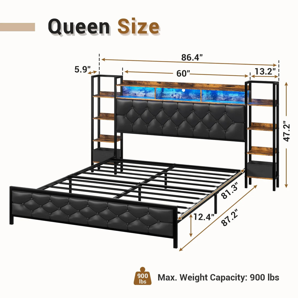 Afuhokles Queen LED Bed Frame with Bookcase Storage Headboard and Charging Station, Platform Bed Frame with Bookshelf and Tall Headboard, No Box Spring Needed, Black