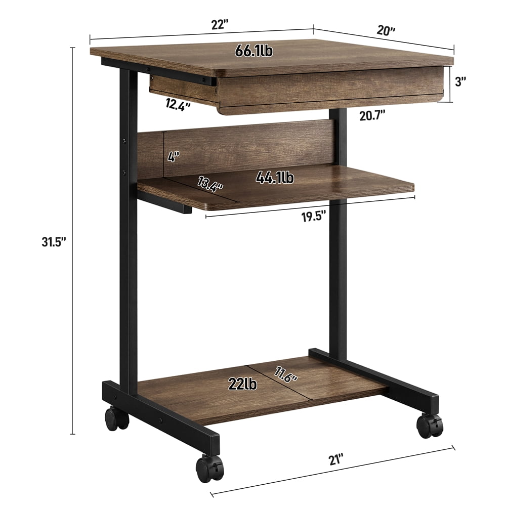 Alden Design Rolling Computer Desk with 2 Storage Shelves and Drawer, Black