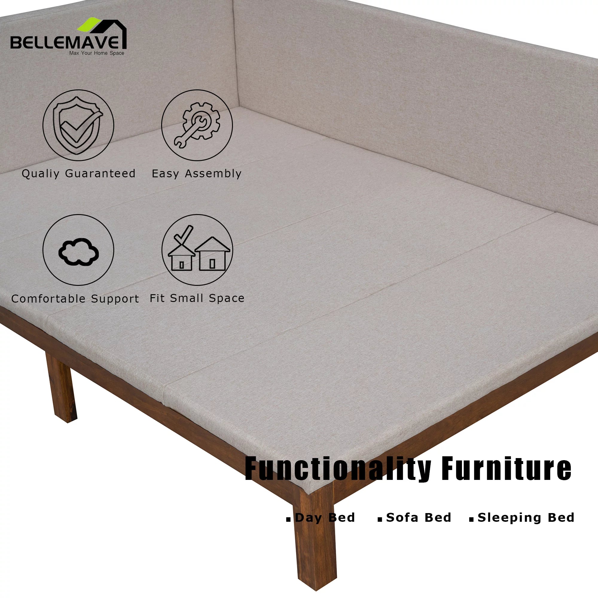 Bellemave Full Size Upholstered Daybed, Minimalist Wood Sofa Bed for Living Room, Bedroom (Beige)