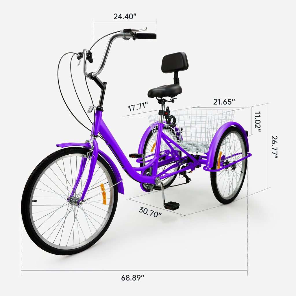 ARTUDATECH 7-Speed Adult Tricycle 24" Purple Three-Wheeled 3 Wheel Cruiser Bike with Seat and Rear Basket for Shopping,Commuting,Camping