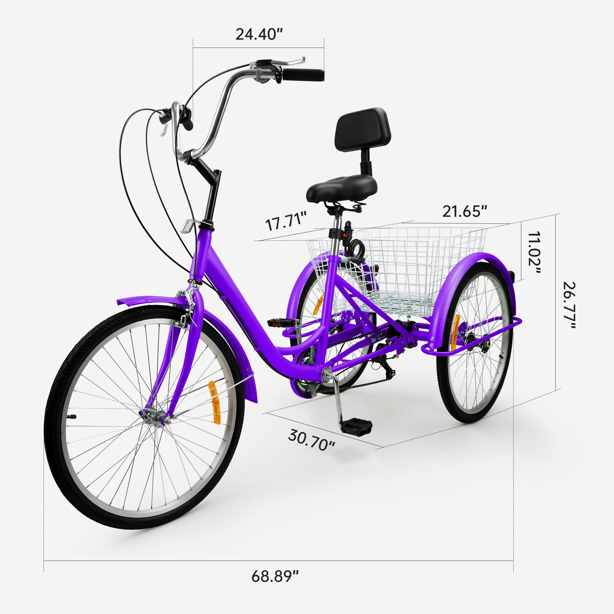 ARTUDATECH 7-Speed Adult Tricycle 24" Purple Three-Wheeled 3 Wheel Cruiser Bike with Seat and Rear Basket for Shopping,Commuting,Camping
