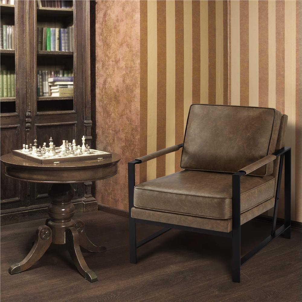 Alden Design Mid-Century Modern Accent Chair with Metal Frame, Brown Faux Leather