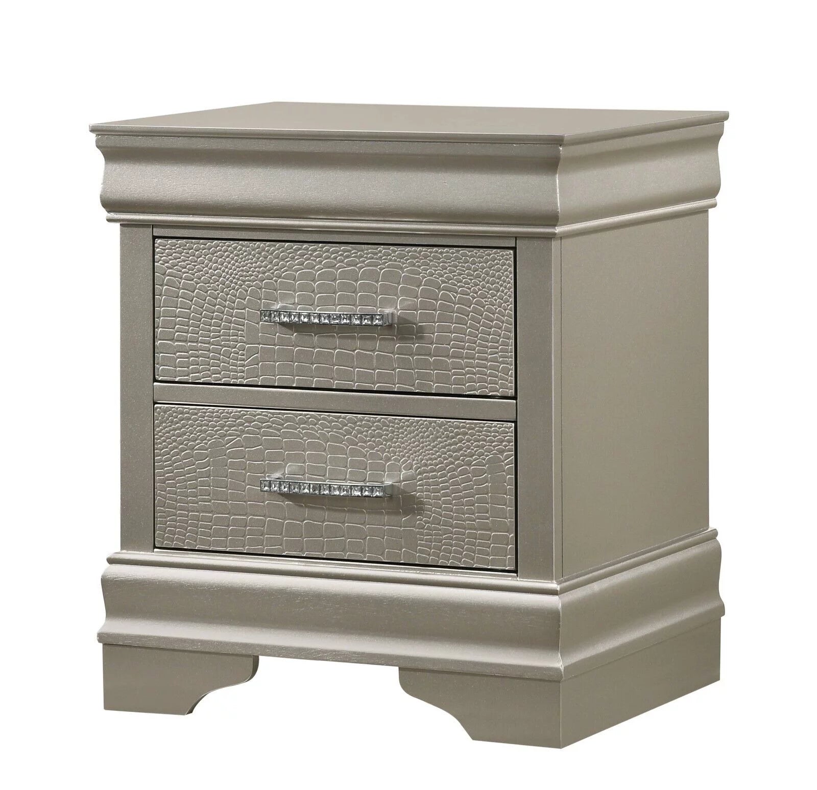 4Pc Silver Finish California King Size Panel Upholstery Bed Dresser Mirror Nightstand Set Wooden Bedroom Furniture