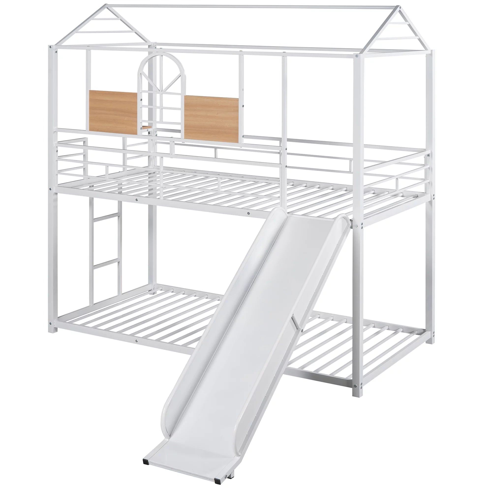 Bellemave Bunk Bed with Slide, Metal Twin Over Twin House Bunk Bed Frame with Ladder, Floor Kids Bunk Beds for Kids Boys Girls Teens (White)