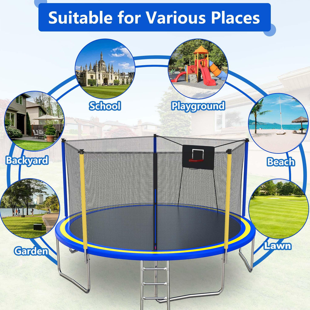 14ft Trampoline with Basketball Hoop, SEGMART Upgraded Round Kids Outdoor Trampoline with Enclosure, Heavy-Duty Backyard Trampoline for Adults and Kids, Blue