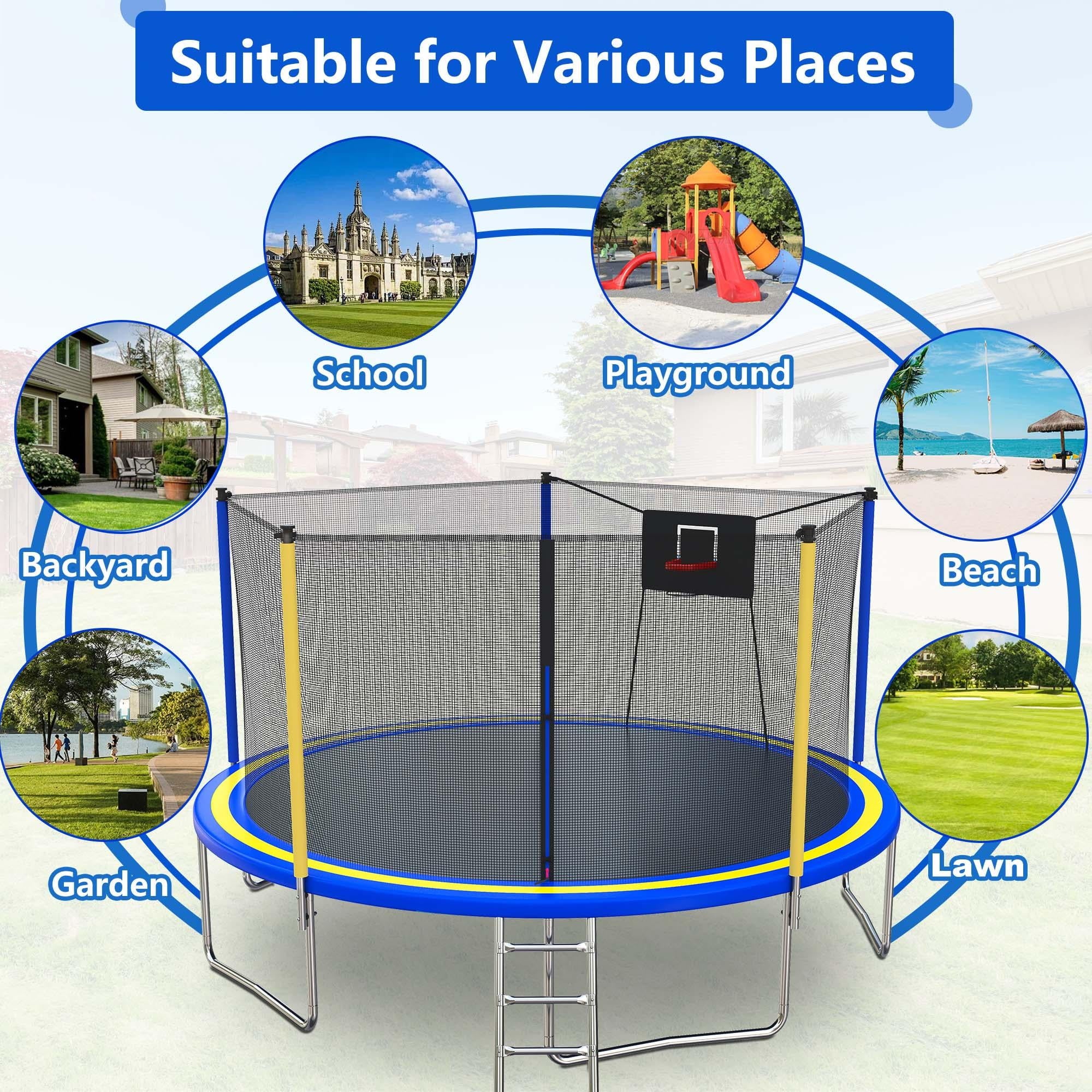 14ft Trampoline with Basketball Hoop, SEGMART Upgraded Round Kids Outdoor Trampoline with Enclosure, Heavy-Duty Backyard Trampoline for Adults and Kids, Blue