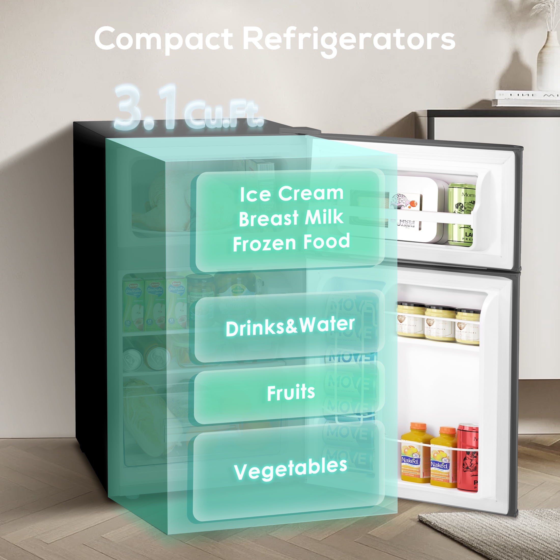 Auseo 3.1 Cu.Ft Double Door Mini Fridge with Freezer, Compact Retro Refrigerator for Dorm, Office, Bar, Bedroom, Black