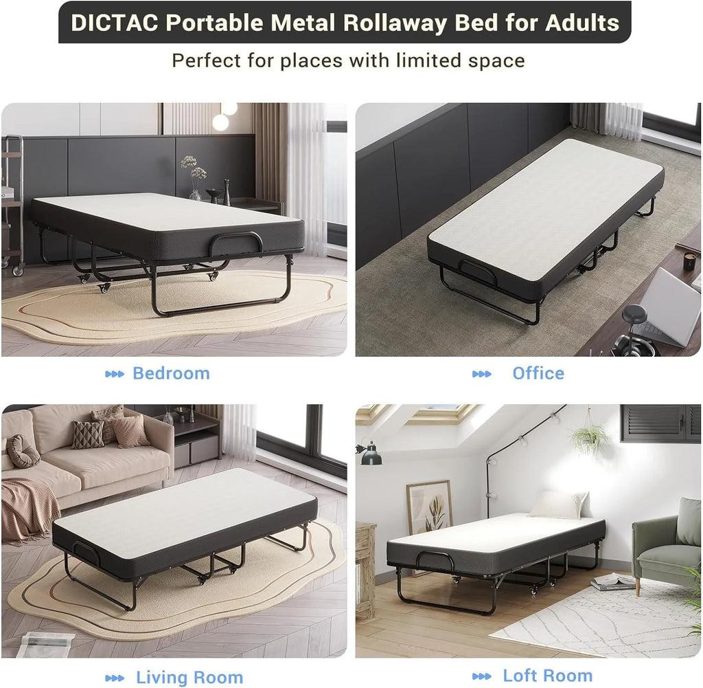 Afuhokles Folding Bed with Mattress, 75 x 38 Twin Size Portable Foldable Guest Bed with Wheels - 5'' Luxurious Memory Foam Mattress