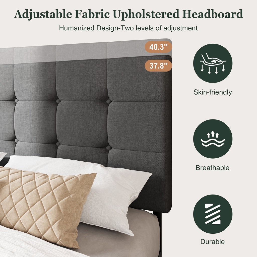 Amolife Queen Size Platform Bed Frame with Headboard and 4 Storage Drawers, Button Tufted Style, Mattress Not Included, Dark Gray