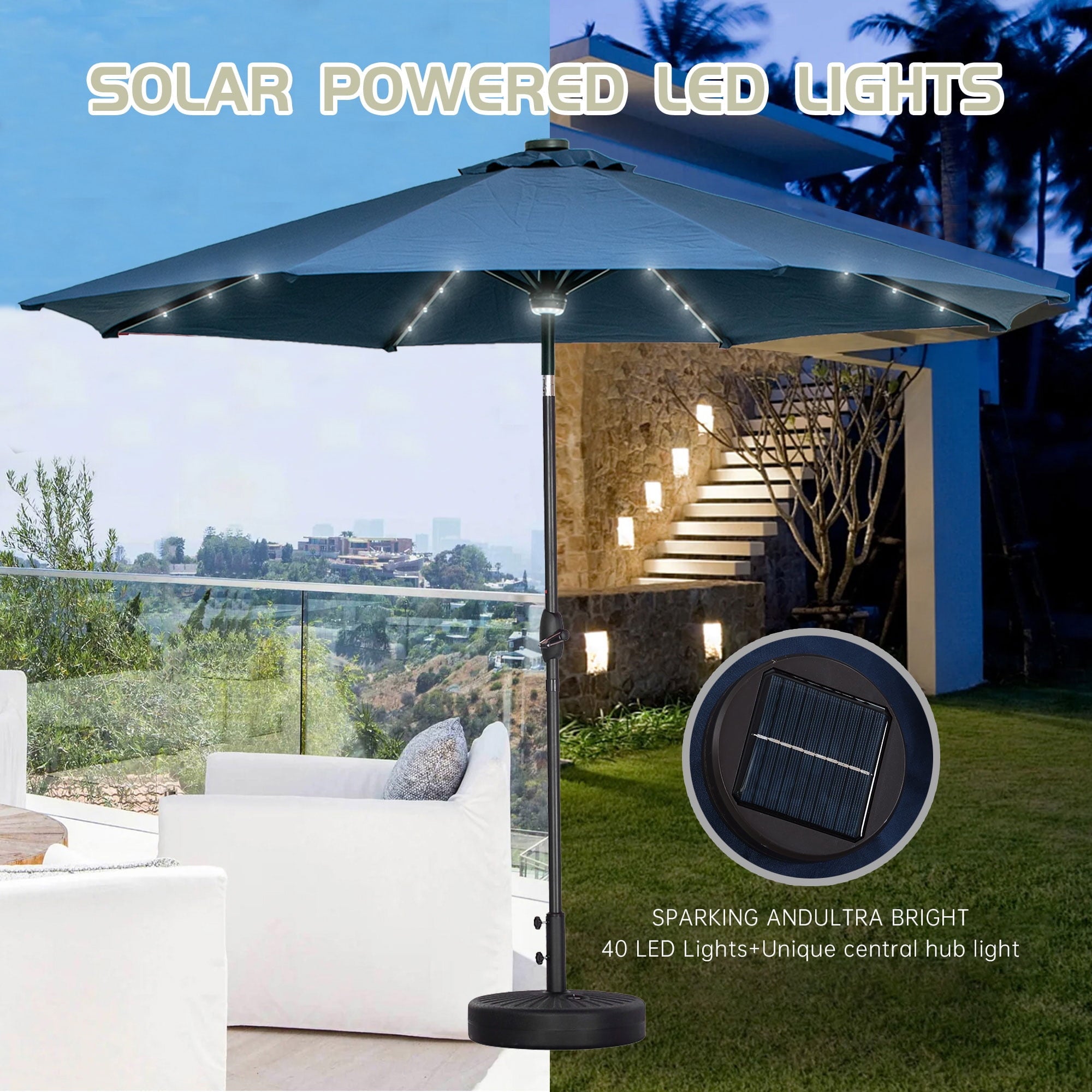 Autlaycil 10 ft Solar Patio Umbrellas with 40 LED lights for Market Outdoor Pool, Steel Tilt Crank, Navy Blue