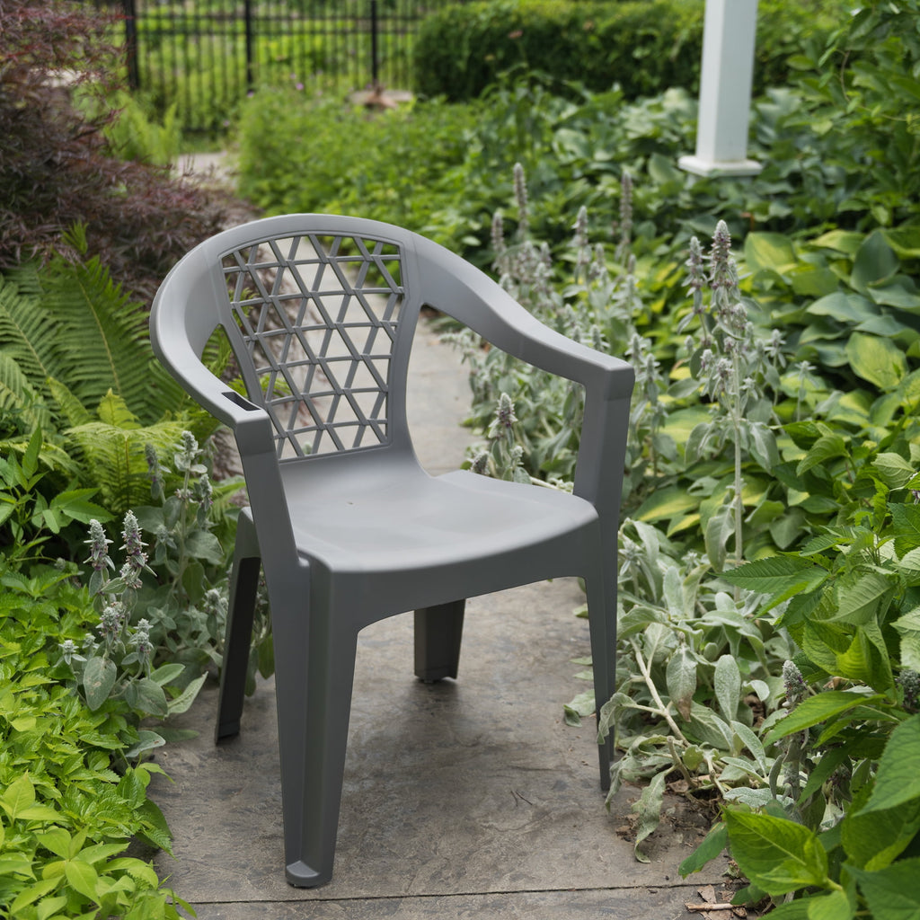 Adams Penza Outdoor Resin Stack Chair with Phone Holder, Plastic Patio Furniture, Gray