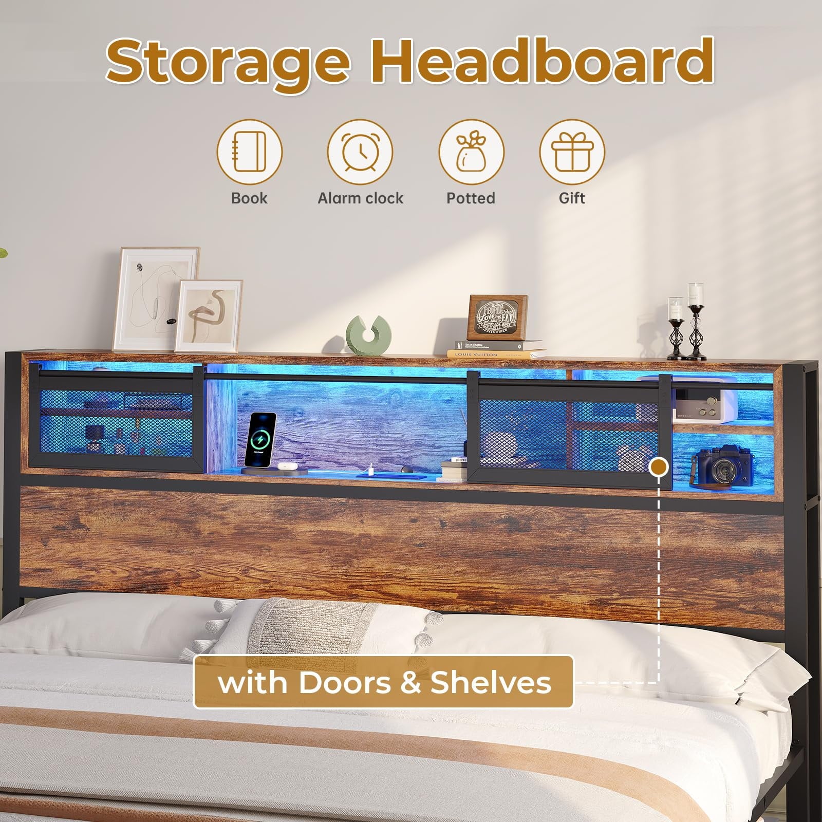 Afuhokles LED King Bed Frame with Outlets and USB Ports, Metal Platform Bed with 2-Tier Storage Headboard and LED Lights, Vintage Brown