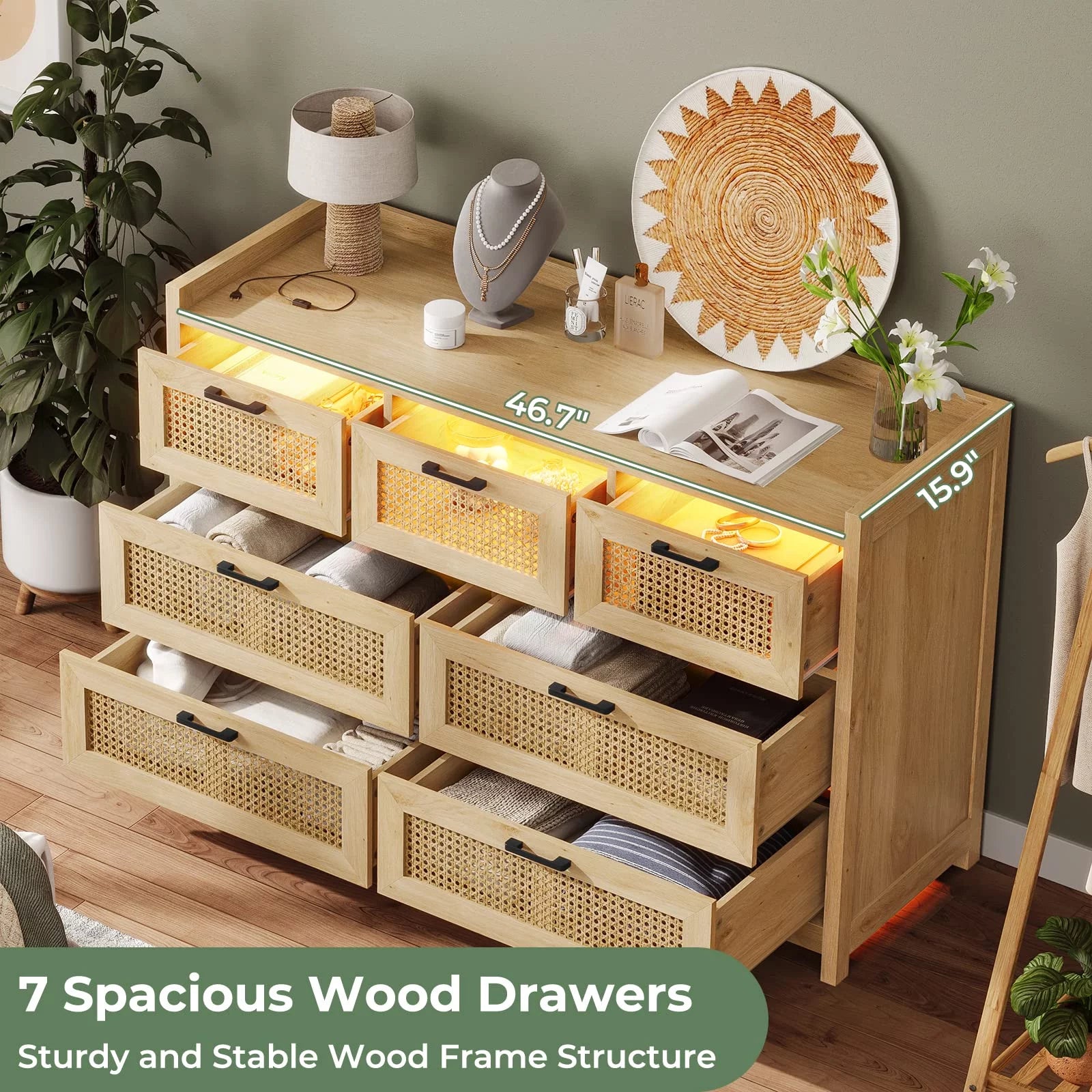 7 Drawer Dressers for Bedroom with Led Lights,Natural Rattan Chests of Drawers for Living Room Hallway Entryway