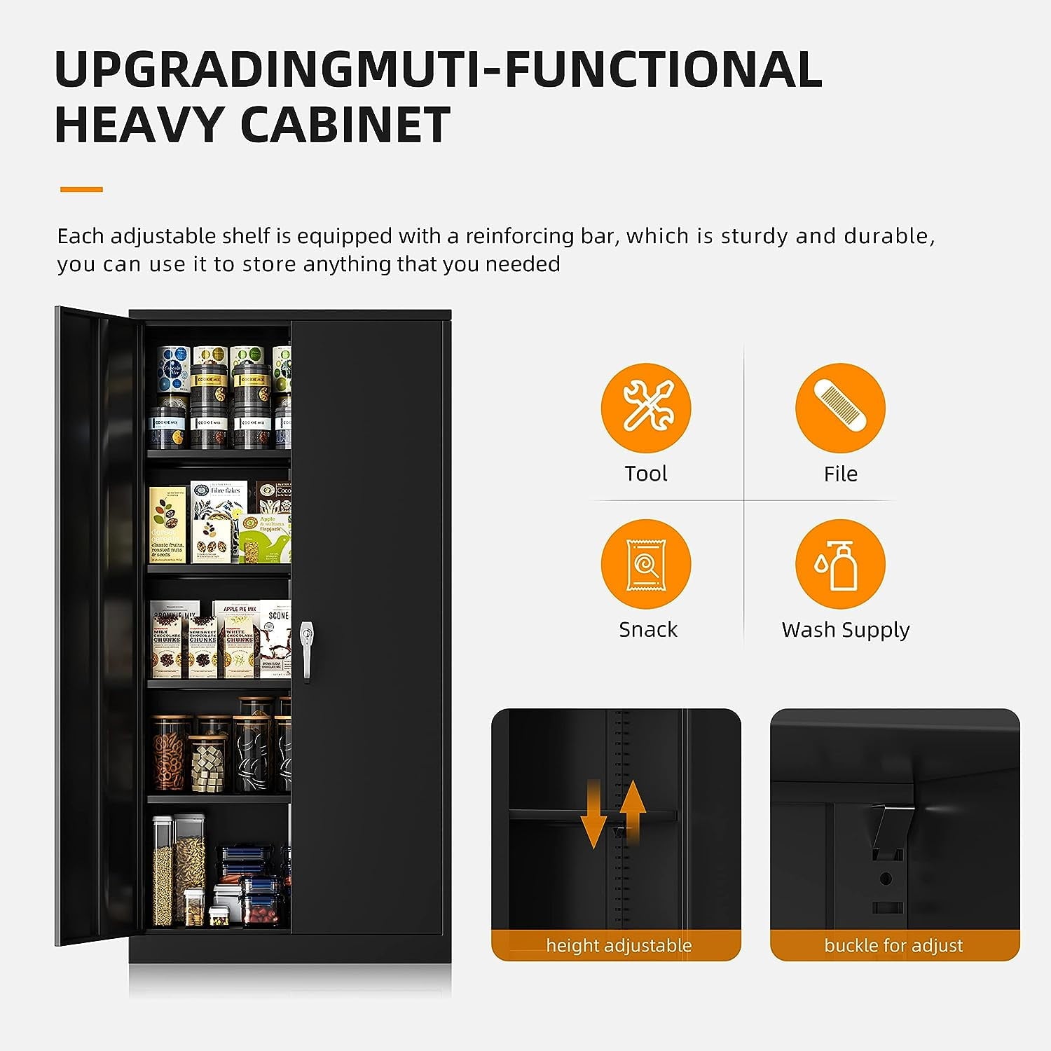 71" Metal Garage Storage Cabinet with Locking Doors and Adjustable Shelves for Home, Office(Black)