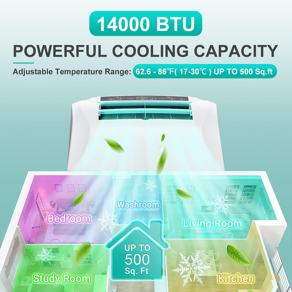 AUGIENB 14000 BTU Portable Air Conditioner,Evaporative Air Cooler ,Dehumidifier Cooling Fan 24-Hour Timer,Cooling Up to 500 Sq, W/ Remote Control &Window Kit