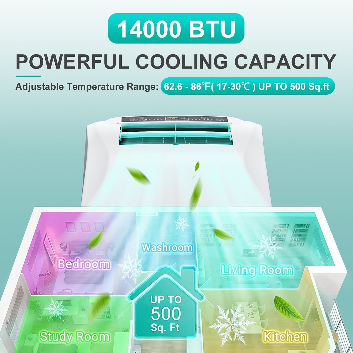 AUGIENB 14000 BTU Portable Air Conditioner,Evaporative Air Cooler ,Dehumidifier Cooling Fan 24-Hour Timer,Cooling Up to 500 Sq, W/ Remote Control &Window Kit