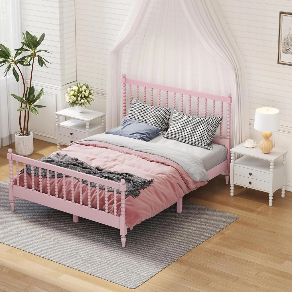 3Pcs Bedroom Set With 2 Nightstands, Queen Size Bed Frame With Gourd Shaped Headboard And Footboard, Solid Wood Platform Bed, No Spring Box Required,