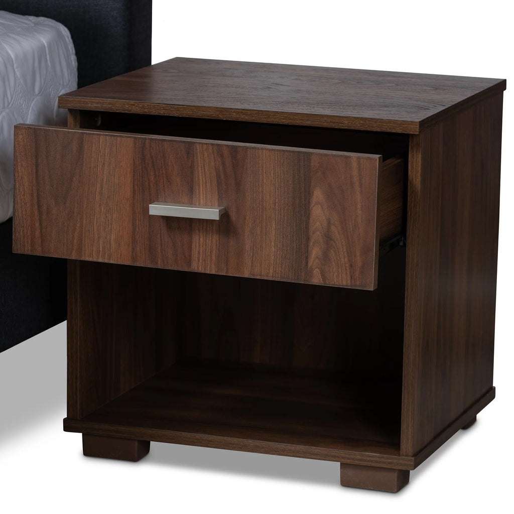 Baxton Studio Maren Mid-Century Modern Dark Grey Fabric Upholstered Queen Size Platform Bed with Two Nightstands